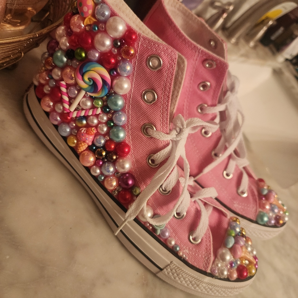 Converse Pink Bejeweled High Top Sneakers - Picture 2 of 7